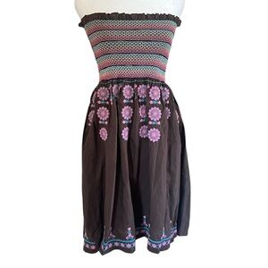 Boho Embroidered Strapless Mini Dress Brown Pink Festival S